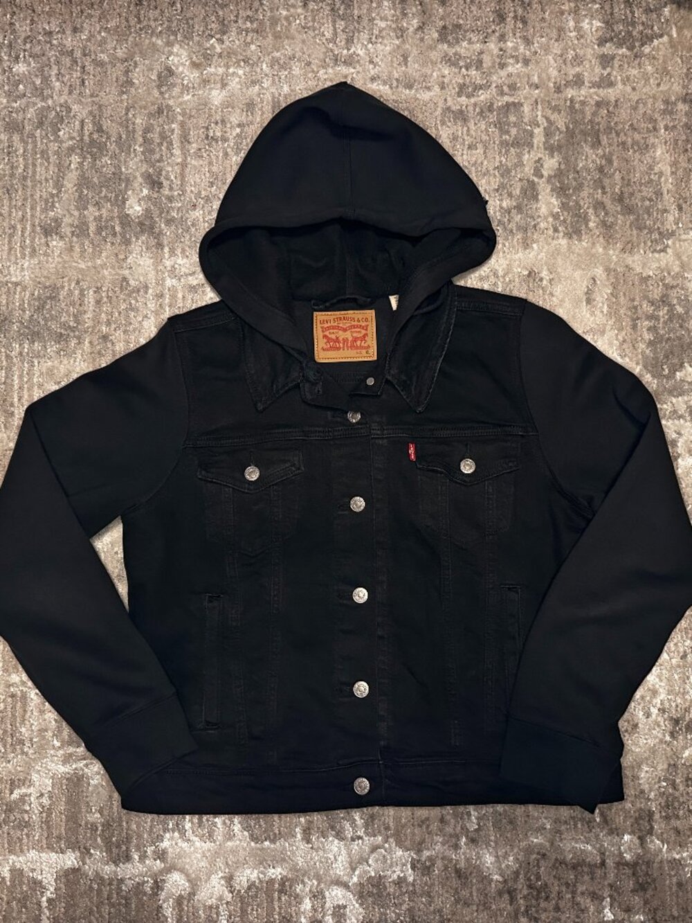 Levi's Womens Jacket XL Black Denim Hooded Trucker Sweatshirt Sleeves Pockets